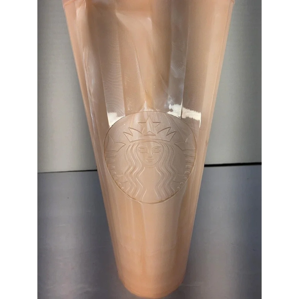 Starbucks 24 Oz Pearl Peach Faceted Cold Cup Tumbler Pink Lid Reusable EUC